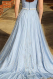 Newest Long Sky Blue Strapless Elegant Prom Dresses Cute Dresses