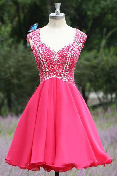 2024 Open Back Hot Pink Short V-Neck Beading Satin Sleeveless Cute Homecoming Dresses WK532
