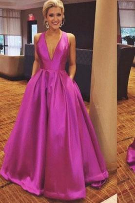 Cute A-line V Neck Satin Hot Pink Long Prom Dress with Ribbon Prom Dresses WK690