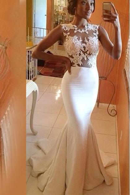Lace Mermaid White Long Elegant Cap Sleeve Appliques High Neck Prom Dresses WK960