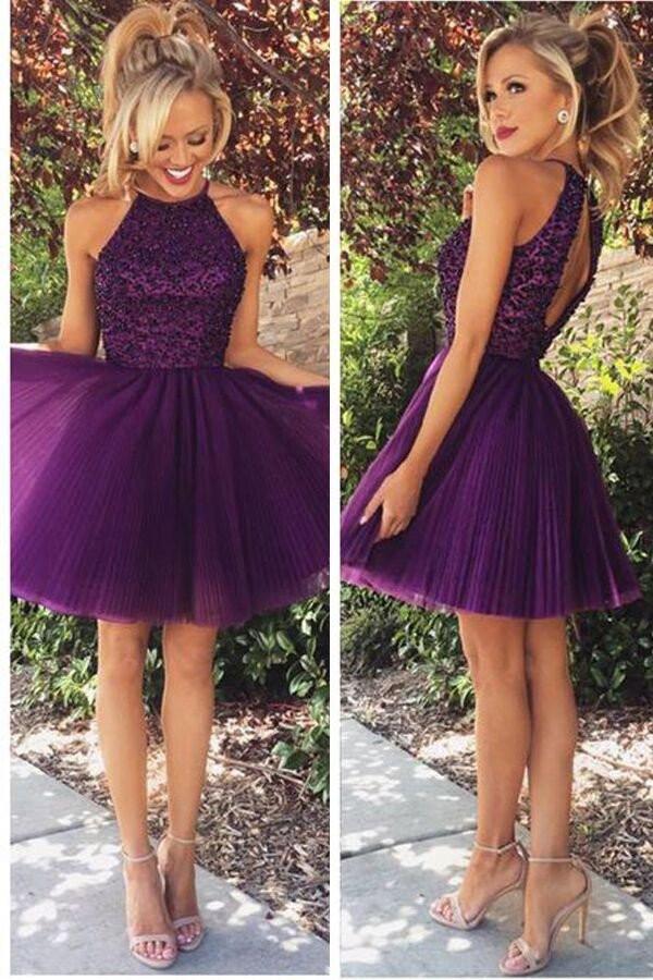 Beaded Purple Sexy Open back Halter homecoming Dresses