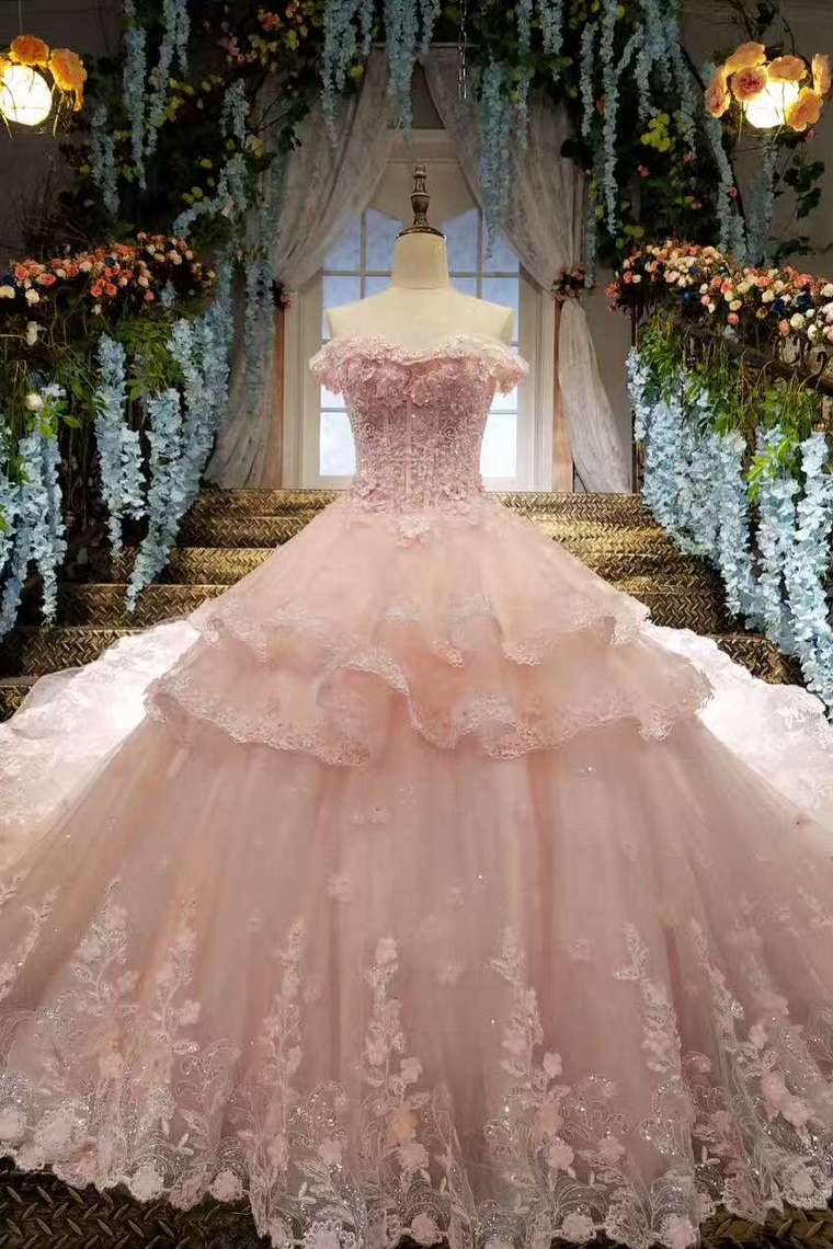 2024 Tulle Awesome Pink Wedding Dresses Off The Shoulder Lace Up With Appliques And Crystals