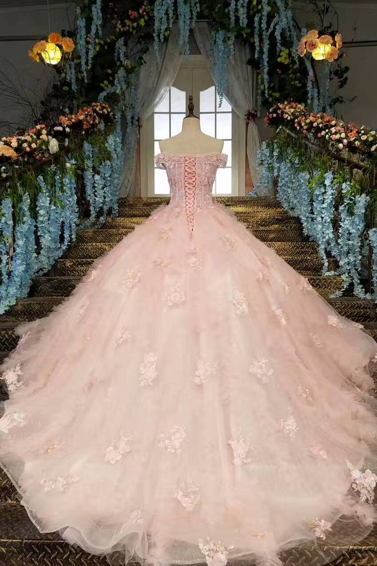 2024 Fantastic Pink Wedding Dresses Lace Up With Beads And Handmade Flowers Ball Gown