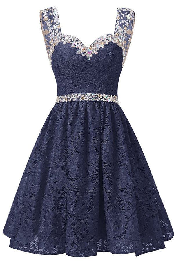 Gorgeous A Line Straps Knee Length Lace With Beading Homecoming Dresses