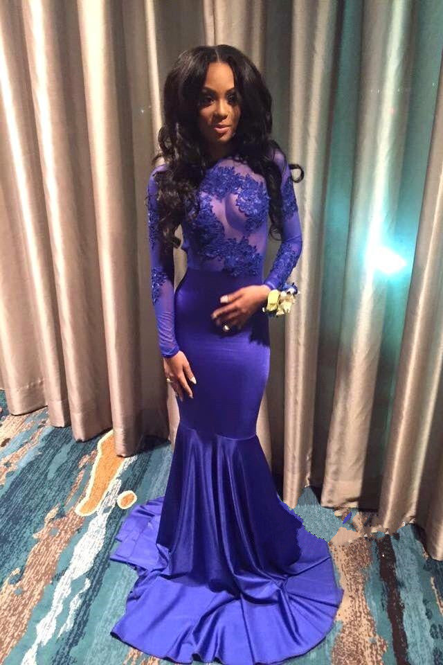 2024 Blue Sexy Appliques Long Sleeve Open Back High Neck Mermaid Prom Dresses WK735