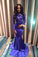 2022 Blue Sexy Appliques Long Sleeve Open Back High Neck Mermaid Prom Dresses WK735