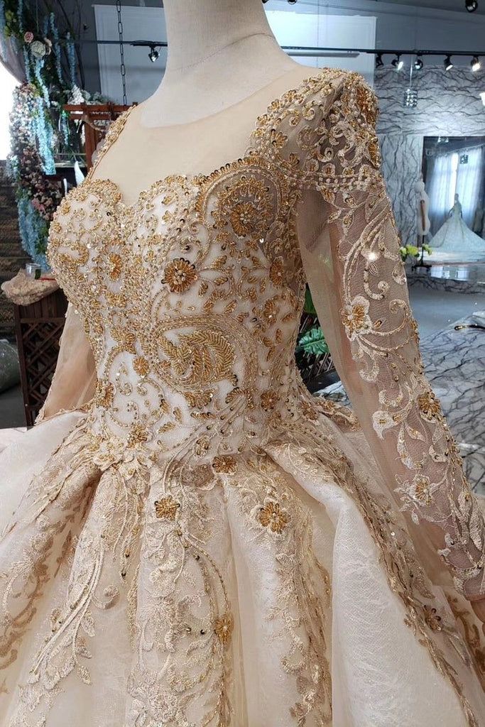 Princess Long Sleeve Ball Gown Scoop With Applique Beads Lace up Prom Dresses WK790