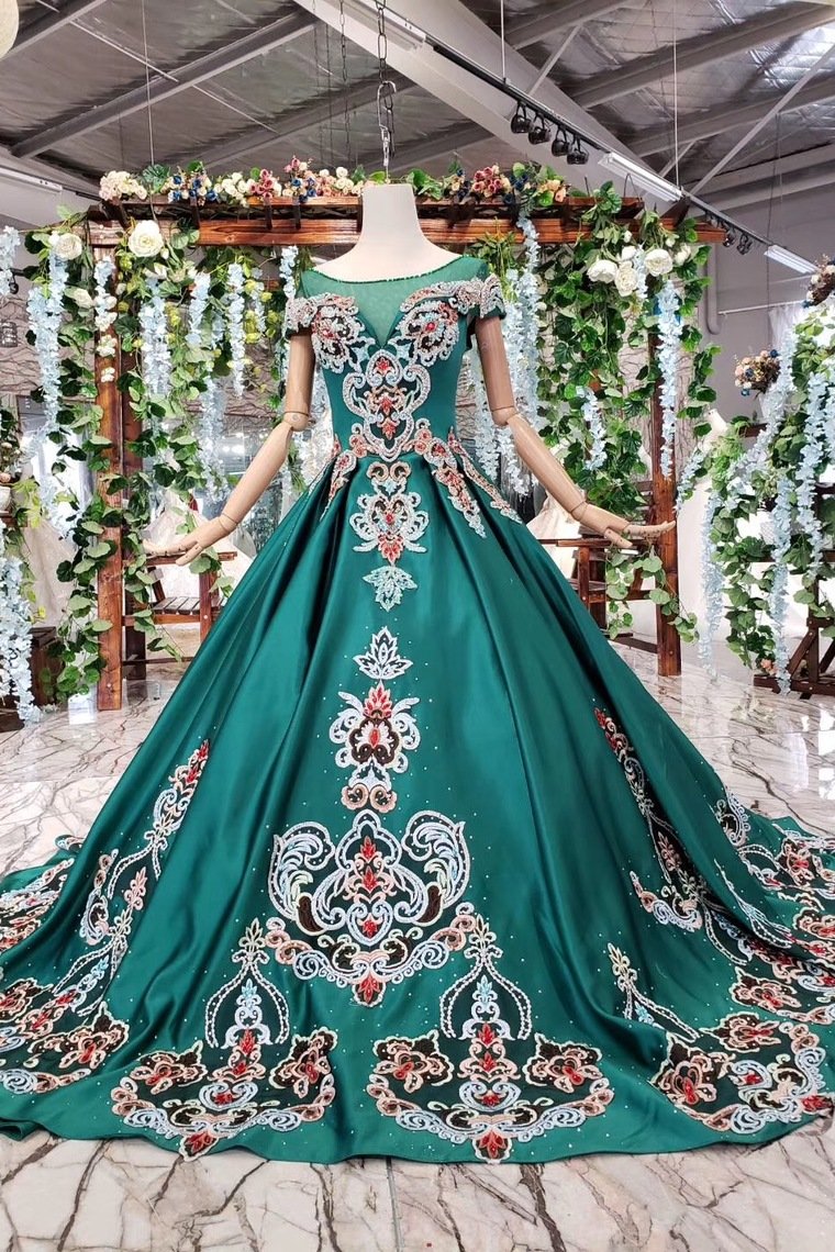 Simple Green Satin Short Sleeve Ball Gown Lace up with Applique Beads Prom Dresses PW792