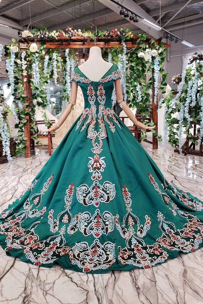 Simple Green Satin Short Sleeve Ball Gown Lace up with Applique Beads Prom Dresses WK792