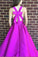 Cute A-line V Neck Satin Hot Pink Long Prom Dress with Ribbon Prom Dresses WK690