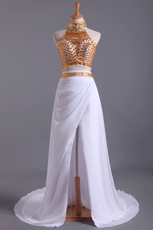 Two-Piece Prom Dresses High Neck With Beading Chiffon White