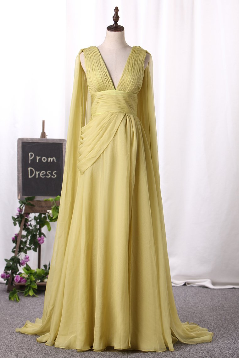 Prom Dresses Flowing V-Neck Chiffon Column With Ruffles