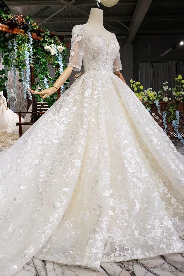 Ball Gown Wedding Dresses Scoop Half Sleeves Appliques 2 Meter Train