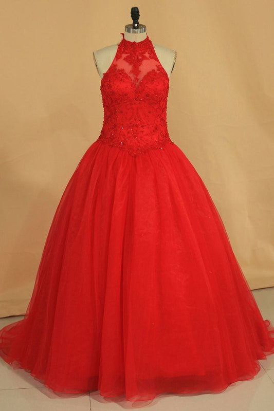 Quinceanera Dresses High Neck Ball Gown Tulle With Embroidery