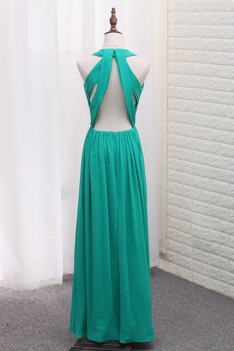 Sexy Open Back A Line Prom Dresses Scoop Chiffon With Ruffles