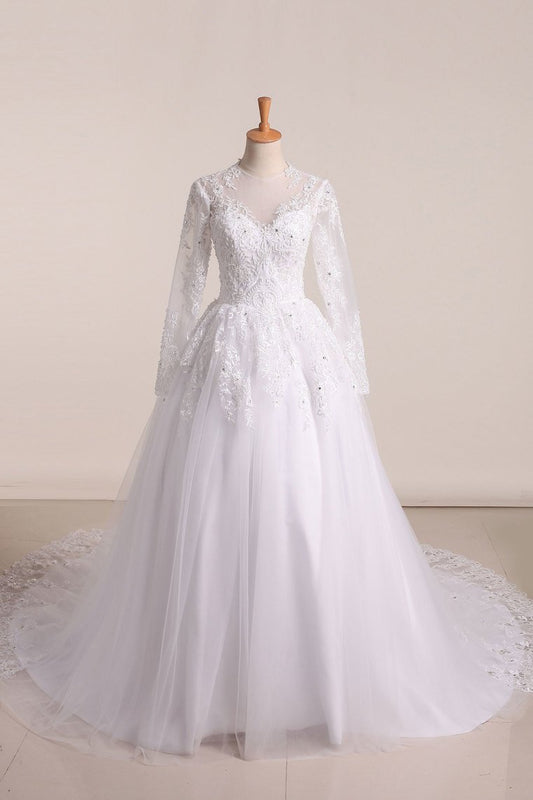 Long Sleeves Scoop Wedding Dresses A Line With Applique And Beads Tulle