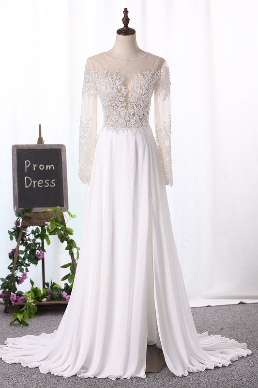 Bateau Wedding Dresses Long Sleeves A Line Chiffon With Applique And Slit