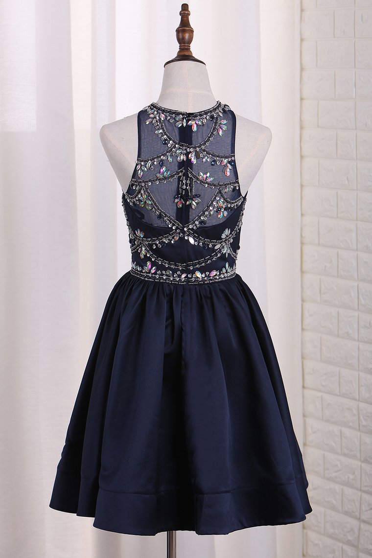 New Arrival A Line Satin Scoop Beaded Bodice Homecoming Dresses