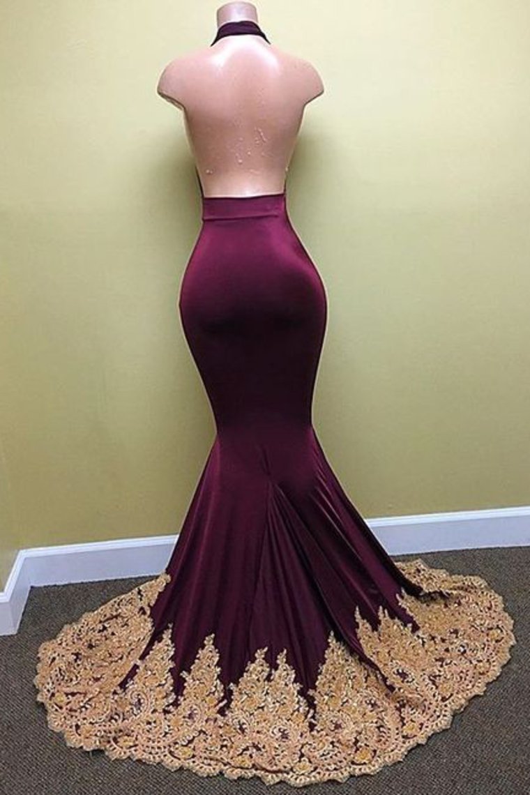 Spandex Halter With Applique Mermaid Sweep Train Prom Dresses