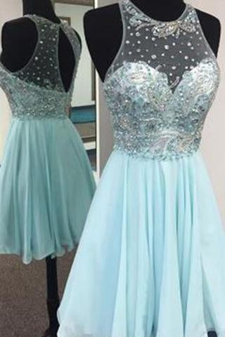 Elegant Jewel Short Illusion Back Mint Homecoming Dress With Beading Rhinestones WK484