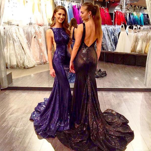 Gorgeous Sexy Scoop Neckline Backless Long Mermaid Sequin Prom Dresses WK683