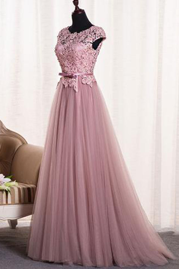 Impressive Cap Sleeve Round Neck Open Back Tulle With Lace Appliques Prom Dresses