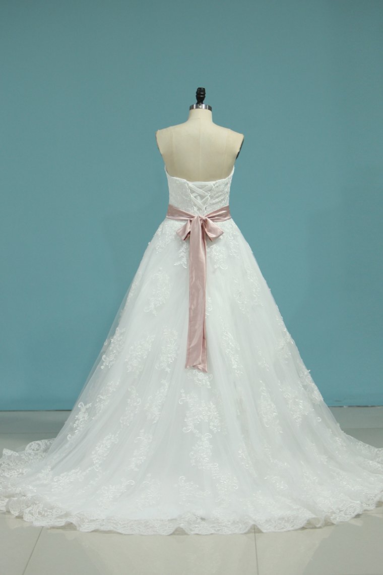 A Line Sweetheart Wedding Dresses Tulle With Applique And Sash