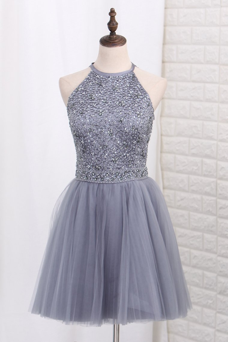 2024 A Line Homecoming Dresses Halter Tulle Beaded Bodice Short/Mini