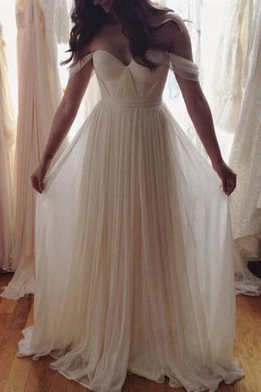 Chic Sweetheart Off the Shoulder Tulle Floor Length A Line Prom Dresses