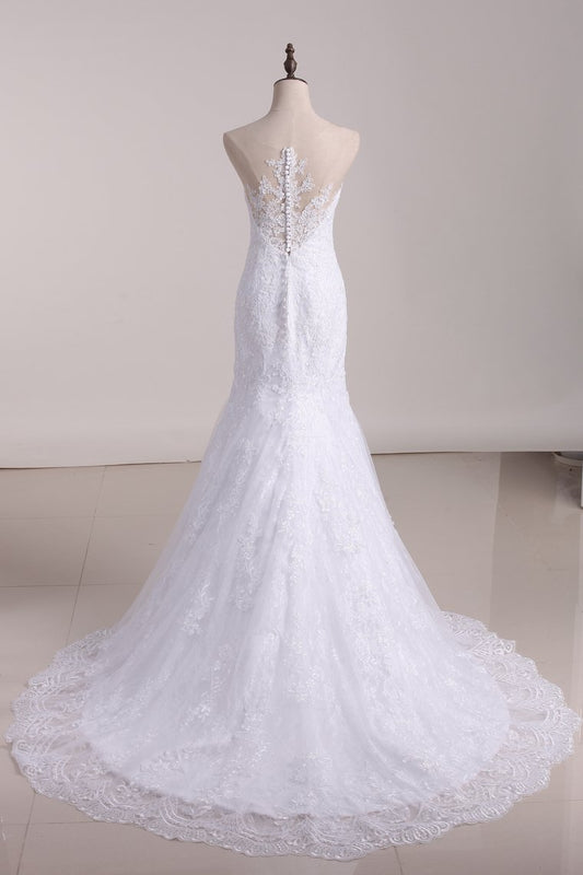 Court Train Scoop Mermaid Wedding Dresses Tulle With Applique