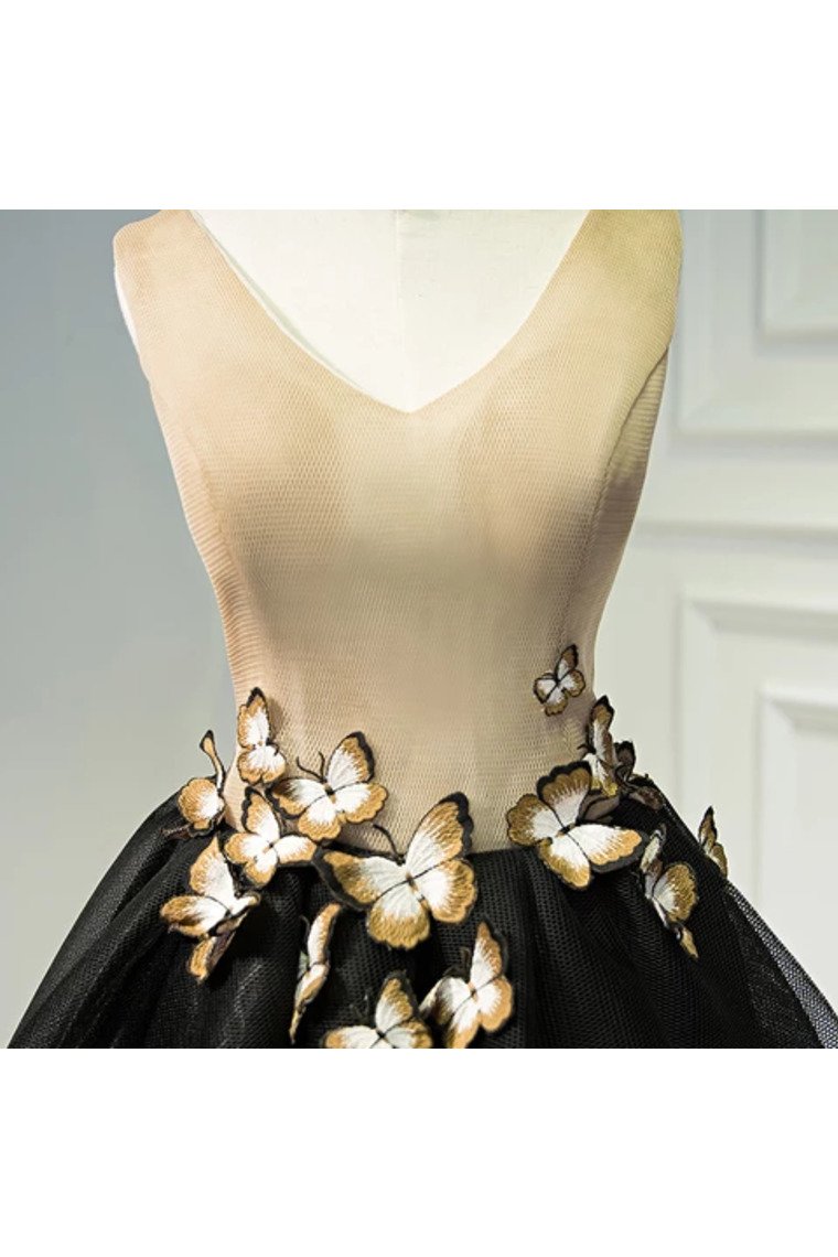 A Line Black V Neck Homecoming Dresses Sleeveless With Butterfly