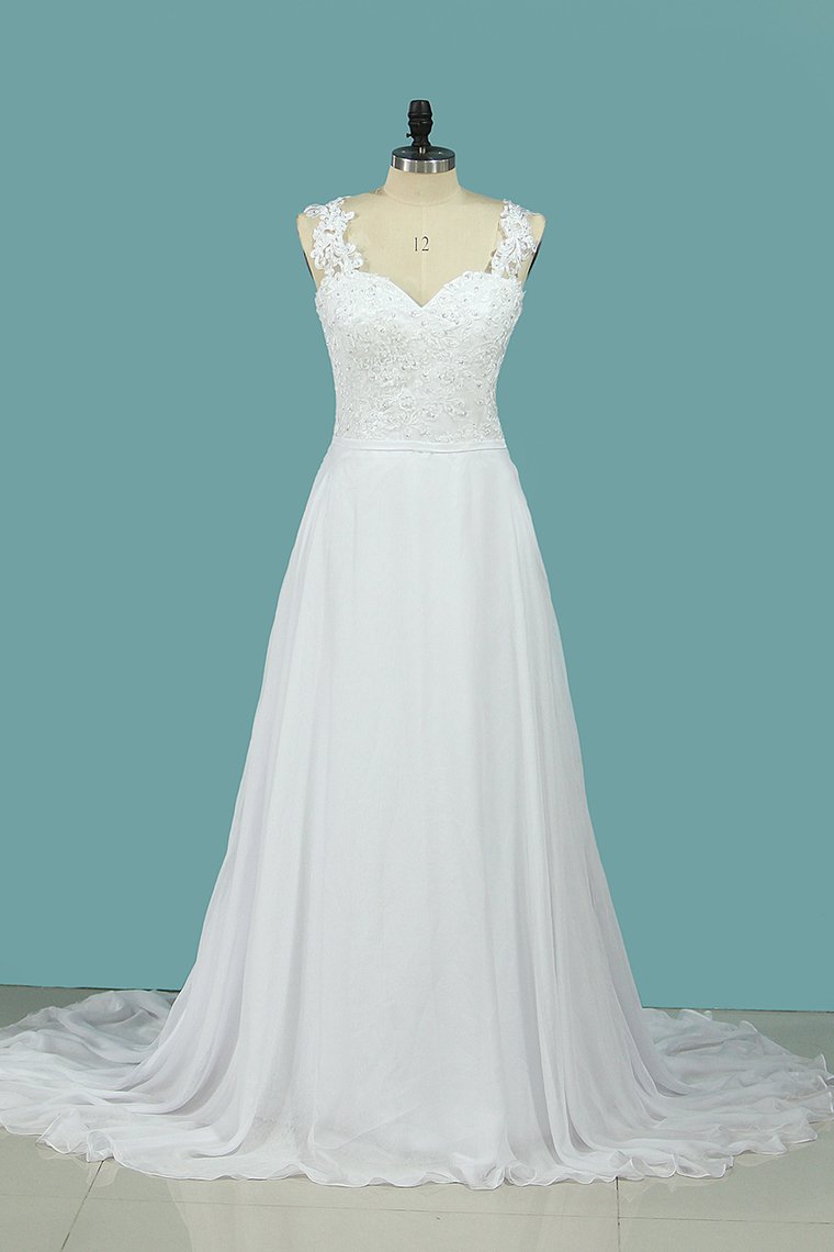 A Line Straps Wedding Dresses Chiffon With Applique Sweep Train