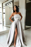 Elegant Strapless Long Silver Satin Simple Prom Dresses With Pockets