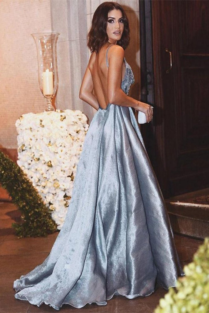 Charming Elegant Spaghetti Straps Light Blue Beading Long Prom Dresses Evening Dresses