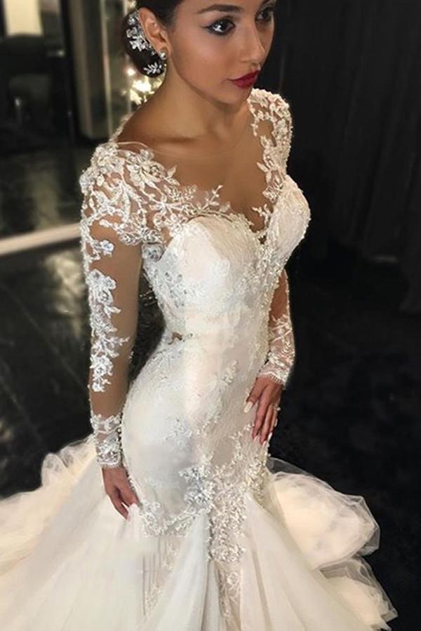 Long Sleeves Court Train Ivory V-Neck Mermaid Tulle Wedding Dress With Lace Appliques WK64