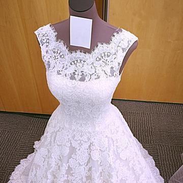 Chic Romantic Open Back A line Short Train Lace Ivory Long Wedding Dresses WK149