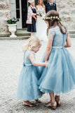 A-Line Mid-Calf Blue Lace Top Tulle Scoop Sleeveless Cheap Junior Flower Girl Dress WK528