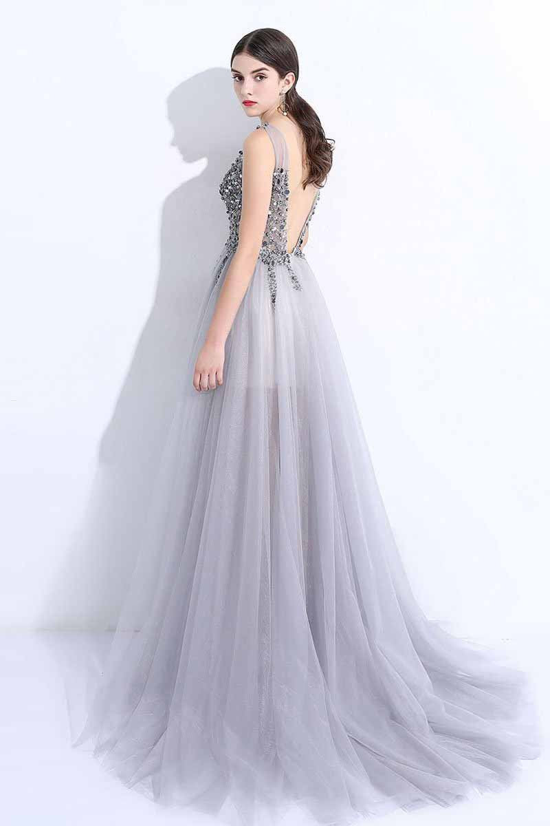 2022 New A-Line V-Neck Grey Tulle Beaded Long Sleeveless Backless Prom Dresses with Split WK884