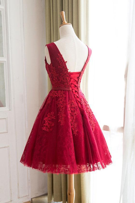 Cute A Line Red Sweetheart Lace Appliques Sleeveless Lace up Homecoming Dresses WK606