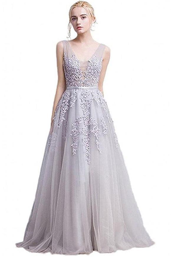 Blush A-Line V-Neck Sleeveless Gray Zipper Appliques Party Dress Prom Dresses WK162
