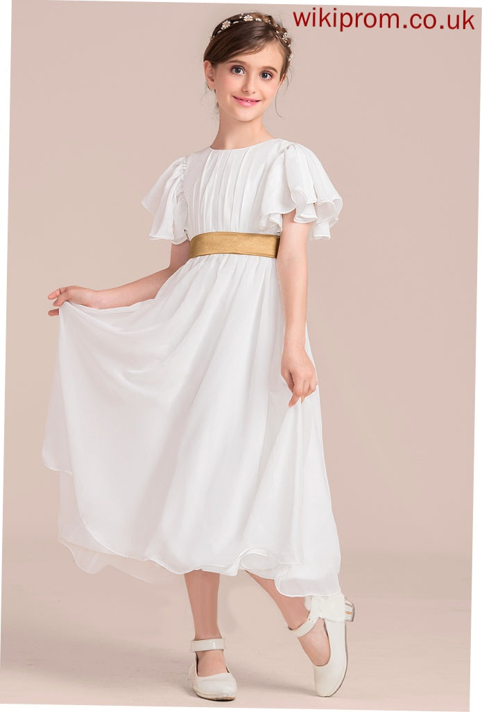 Flower Scoop - Emilee Sleeves Flower Girl Dresses Dress Chiffon/Charmeuse With A-Line Tea-length Neck Short Girl Sash
