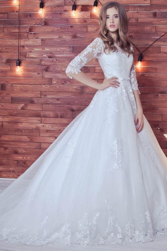 Lace Appliques Half Sleeve Romantic White Ball Gown Tulle Lace up Wedding Dress WK411