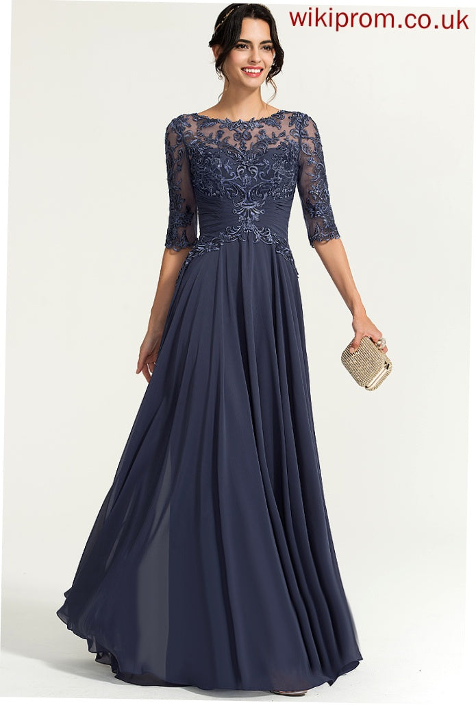 Chiffon Jolie Scoop Floor-Length A-Line Lace Sequins Prom Dresses Pleated Illusion With