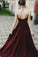 Burgundy A Line Floor Length Halter Sleeveless Appliques Prom Dresses