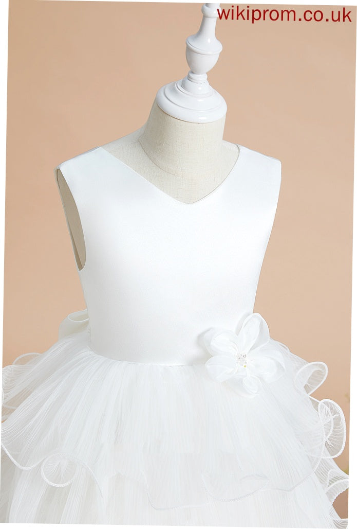 Flower Girl Dresses Flower Ball-Gown/Princess Tea-length Lilian Bow(s) V-neck With - Dress Satin/Tulle Girl Sleeveless