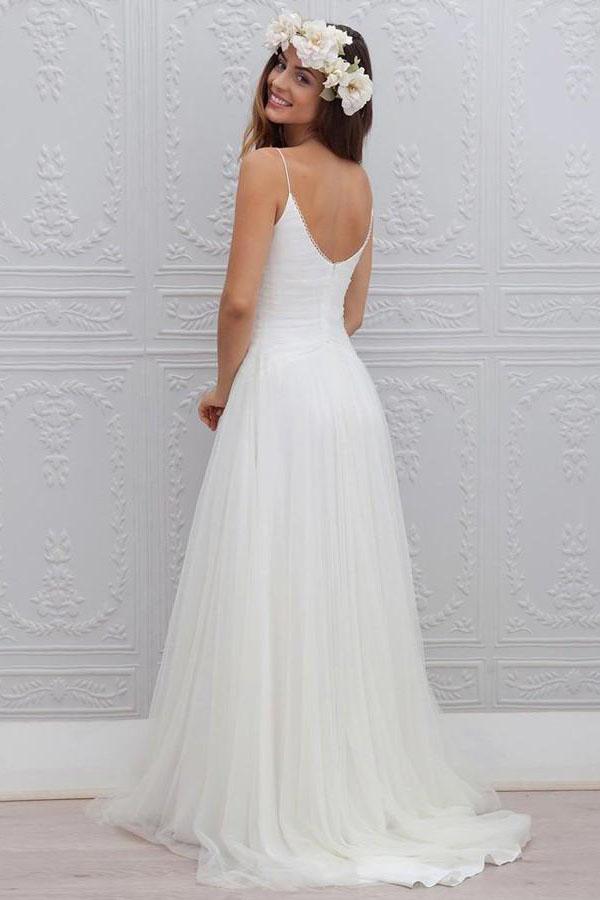 V-Neck Long Tulle A-line White Spaghetti Straps Backless With Bodice Wedding Dresses WK395