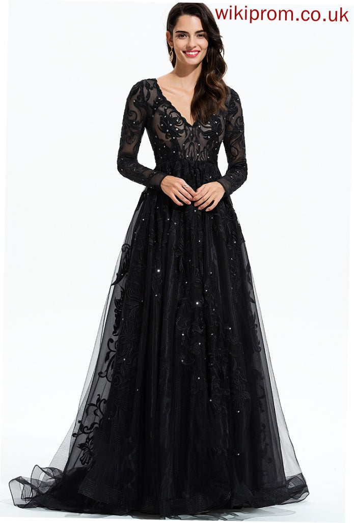 Train With Lace Gabrielle Prom Dresses Ball-Gown/Princess Sweep Tulle V-neck Sequins