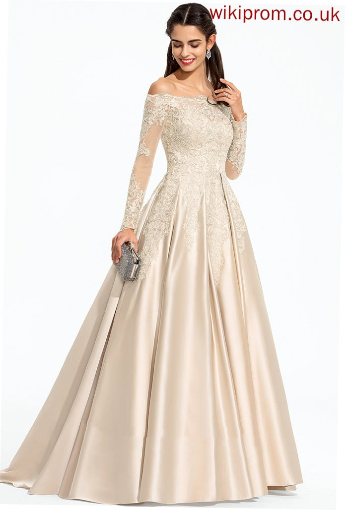 Prom Dresses With Ball-Gown/Princess Sequins Marissa Satin Lace Off-the-Shoulder Train Sweep