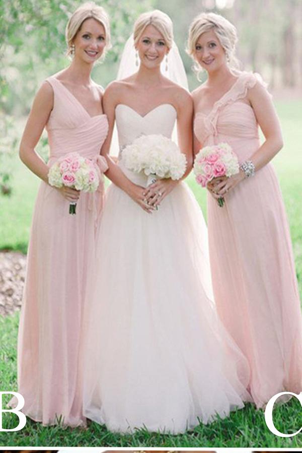 Long Light Pink Mismatched A-Line One Shoulder Sleeveless Elegant Bridesmaid Dresses WK523