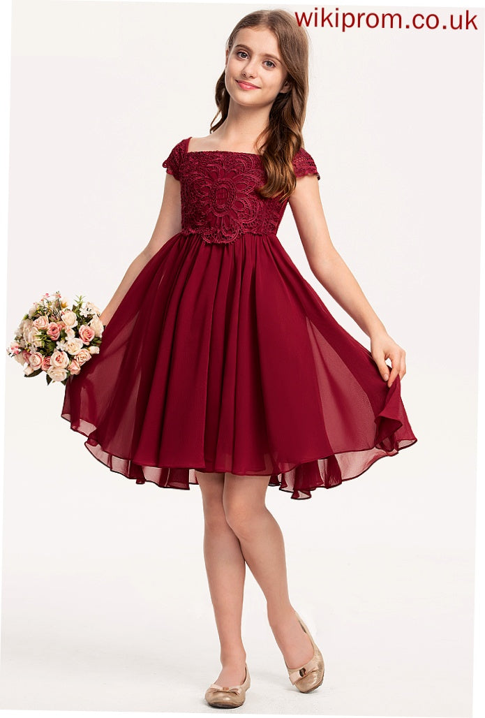 Chiffon Bow(s) A-Line Off-the-Shoulder Lace Knee-Length Mimi Junior Bridesmaid Dresses With